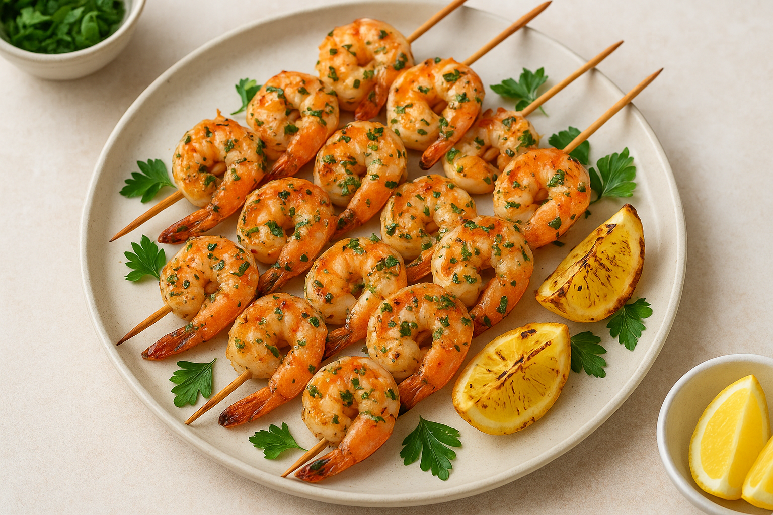 9. Grilled shrimp skewers with lemon and herbs