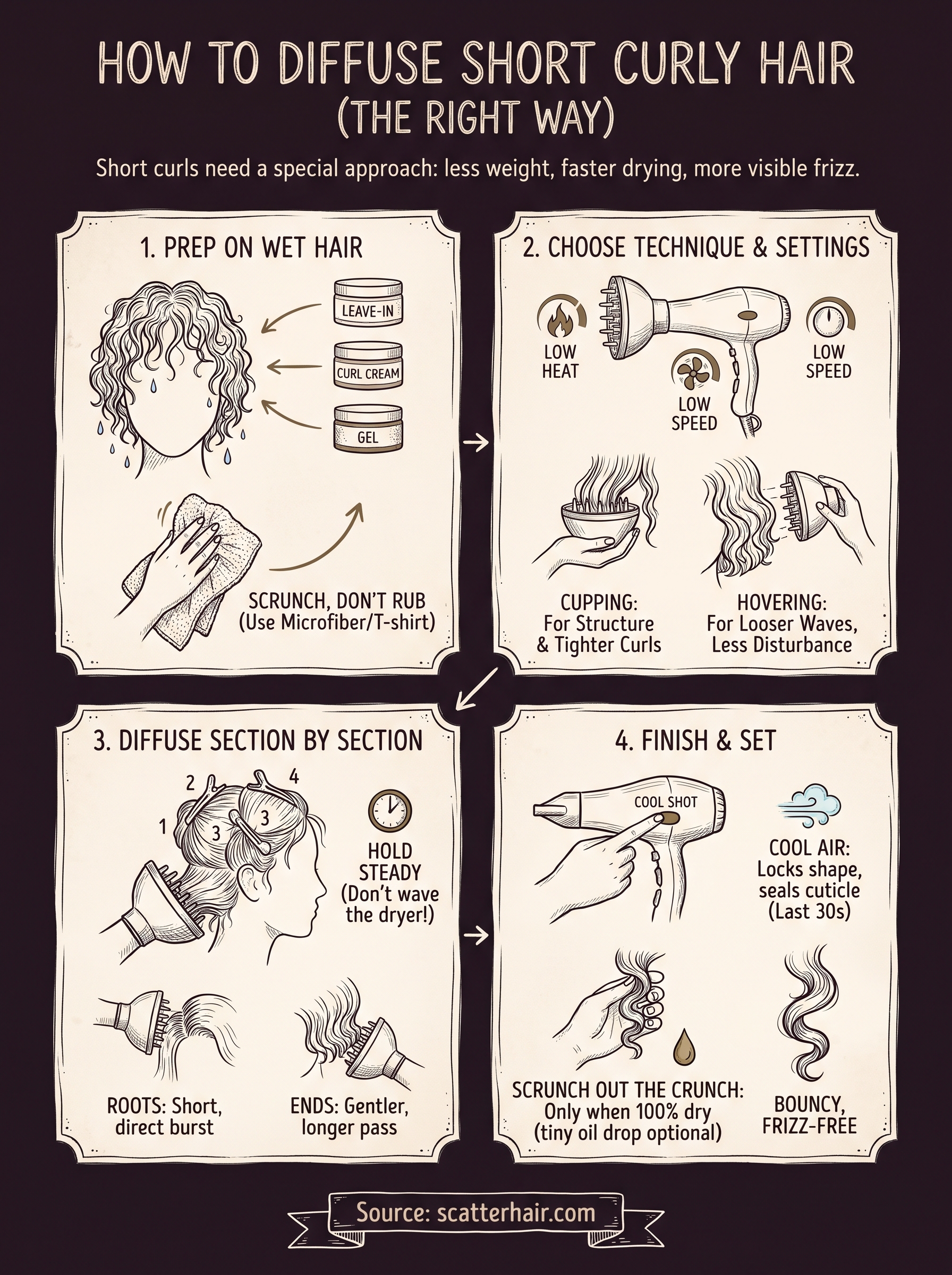 how to diffuse short curly hair infographic
