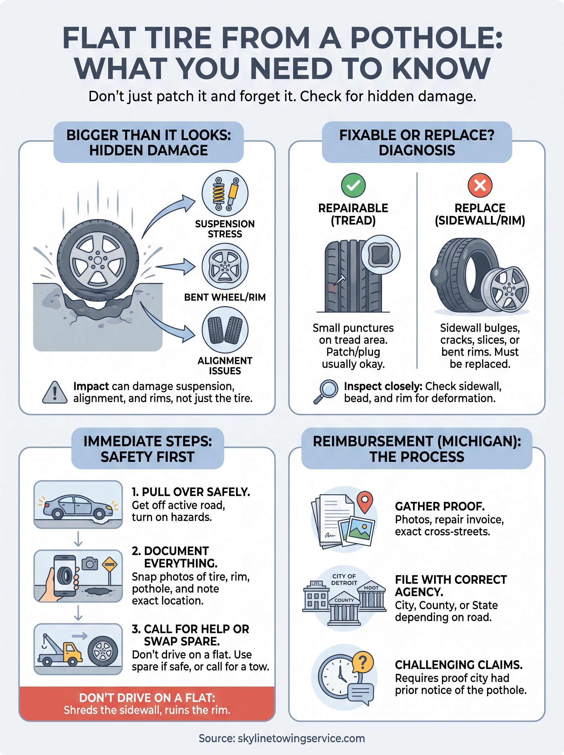 Flat Tire from a Pothole: Fixable or Time for a Tow? flat tire pothole infographic