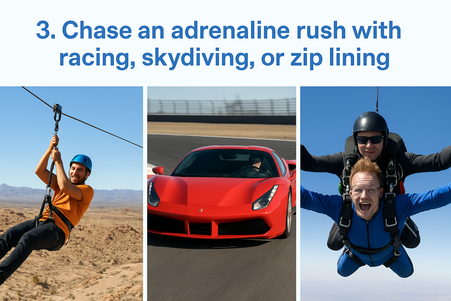 3. Chase an adrenaline rush with racing, skydiving, or zip lining