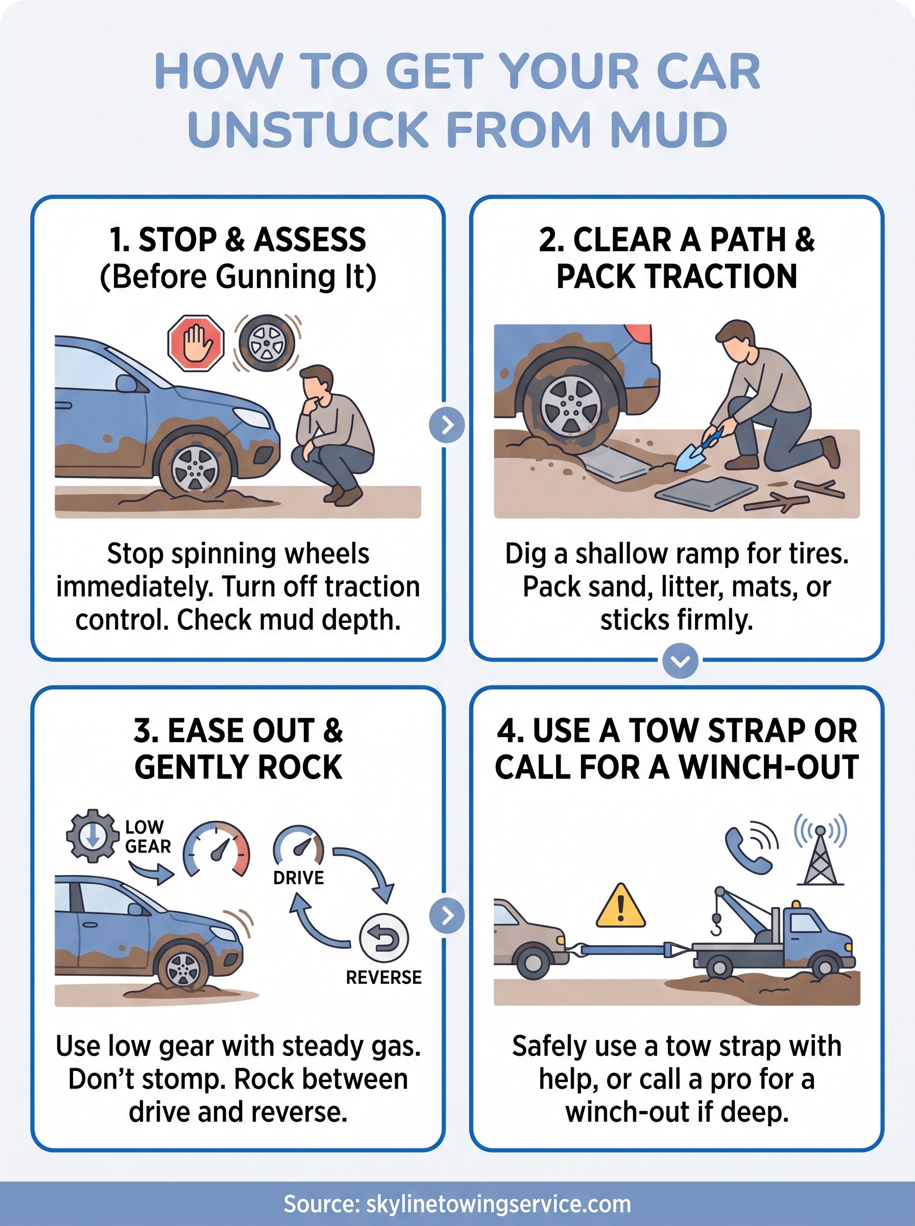 how to get car unstuck from mud infographic