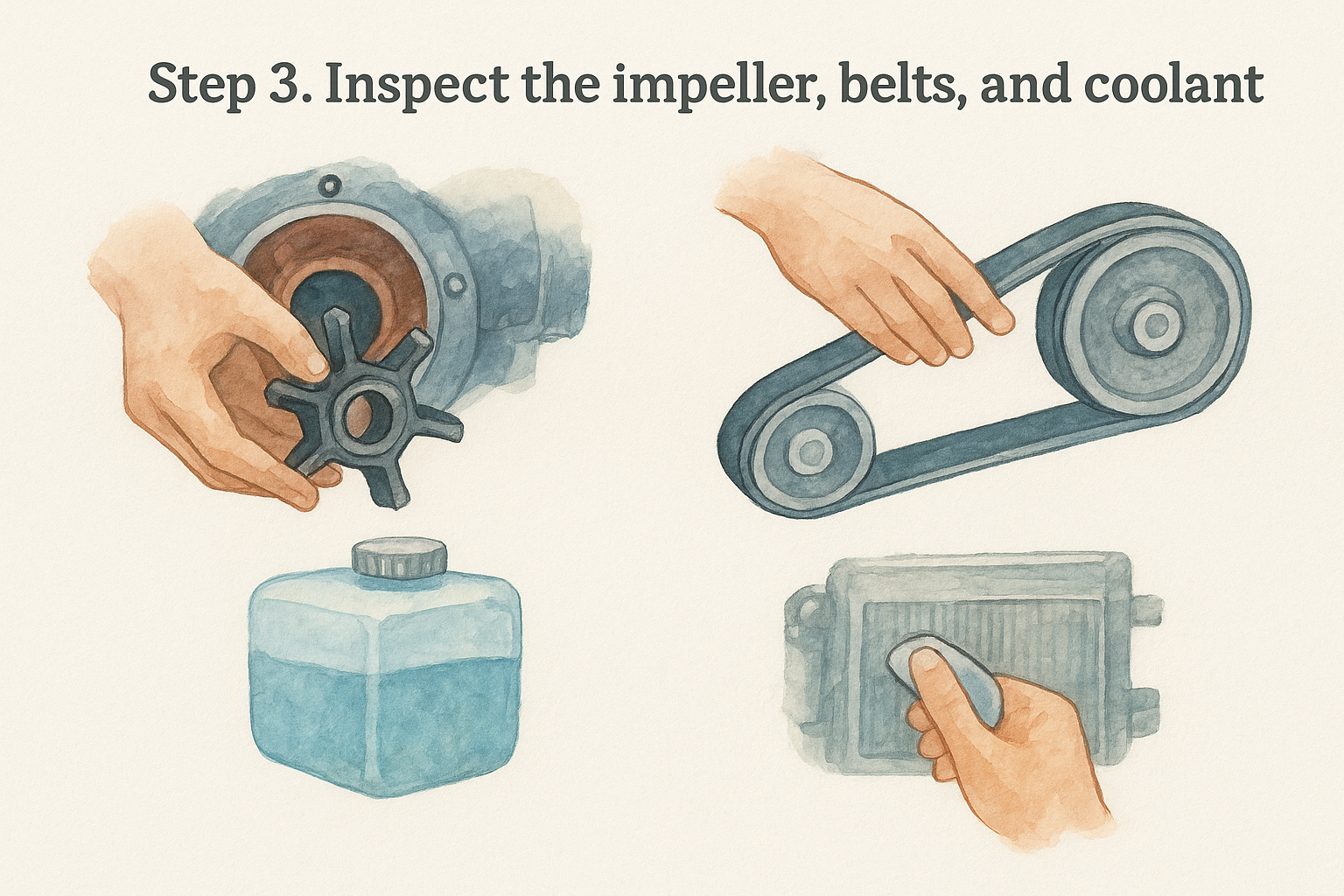 Step 3. Inspect the impeller, belts, and coolant