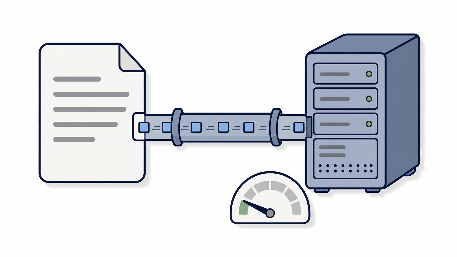 A large file passing through a narrow pipe in small chunks toward a server with a low memory gauge.