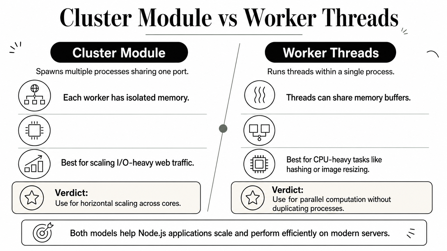 Comparison infographic contrasting Node.js cluster module processes with worker threads.