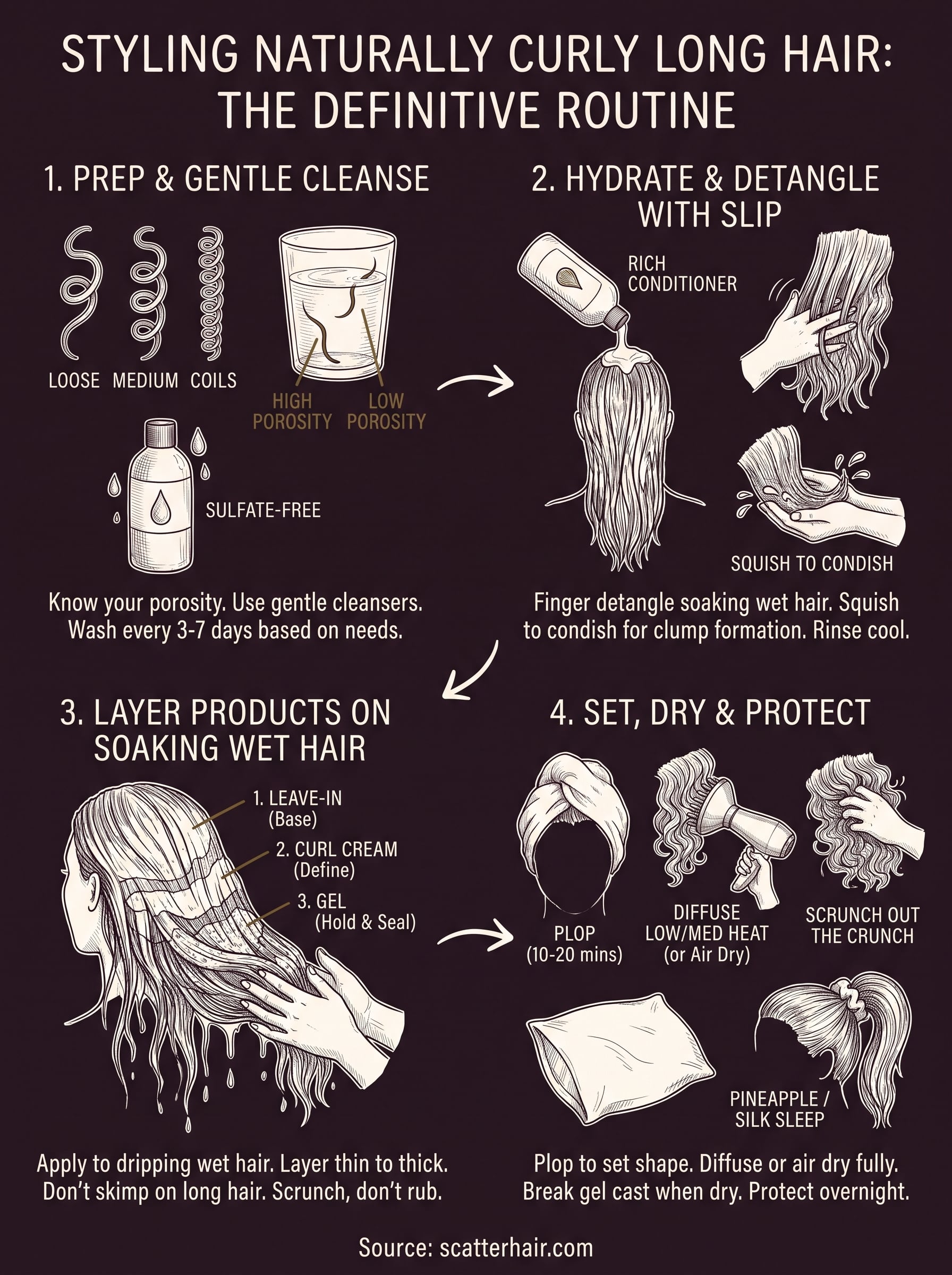 how to style naturally curly long hair infographic