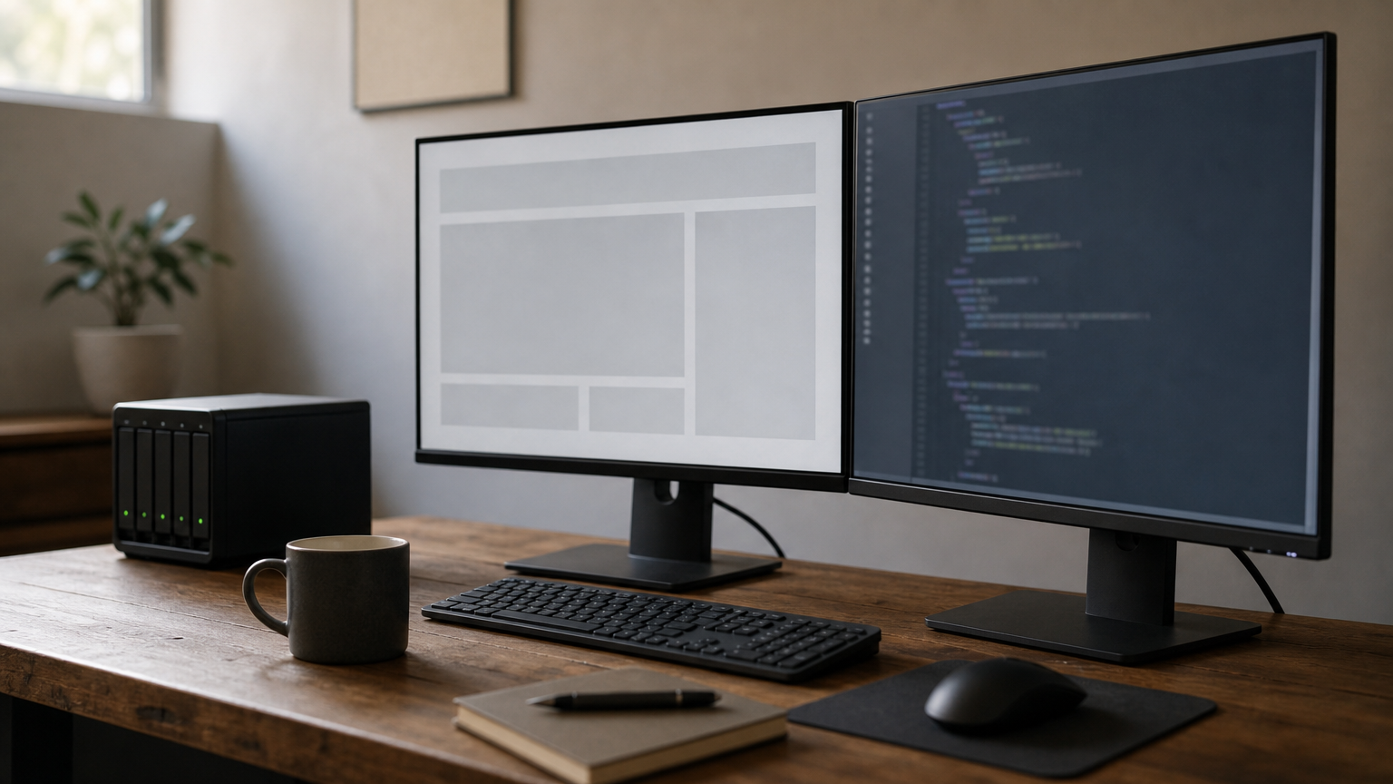 A desk with dual monitors displaying front-end design and back-end code alongside a small server unit.