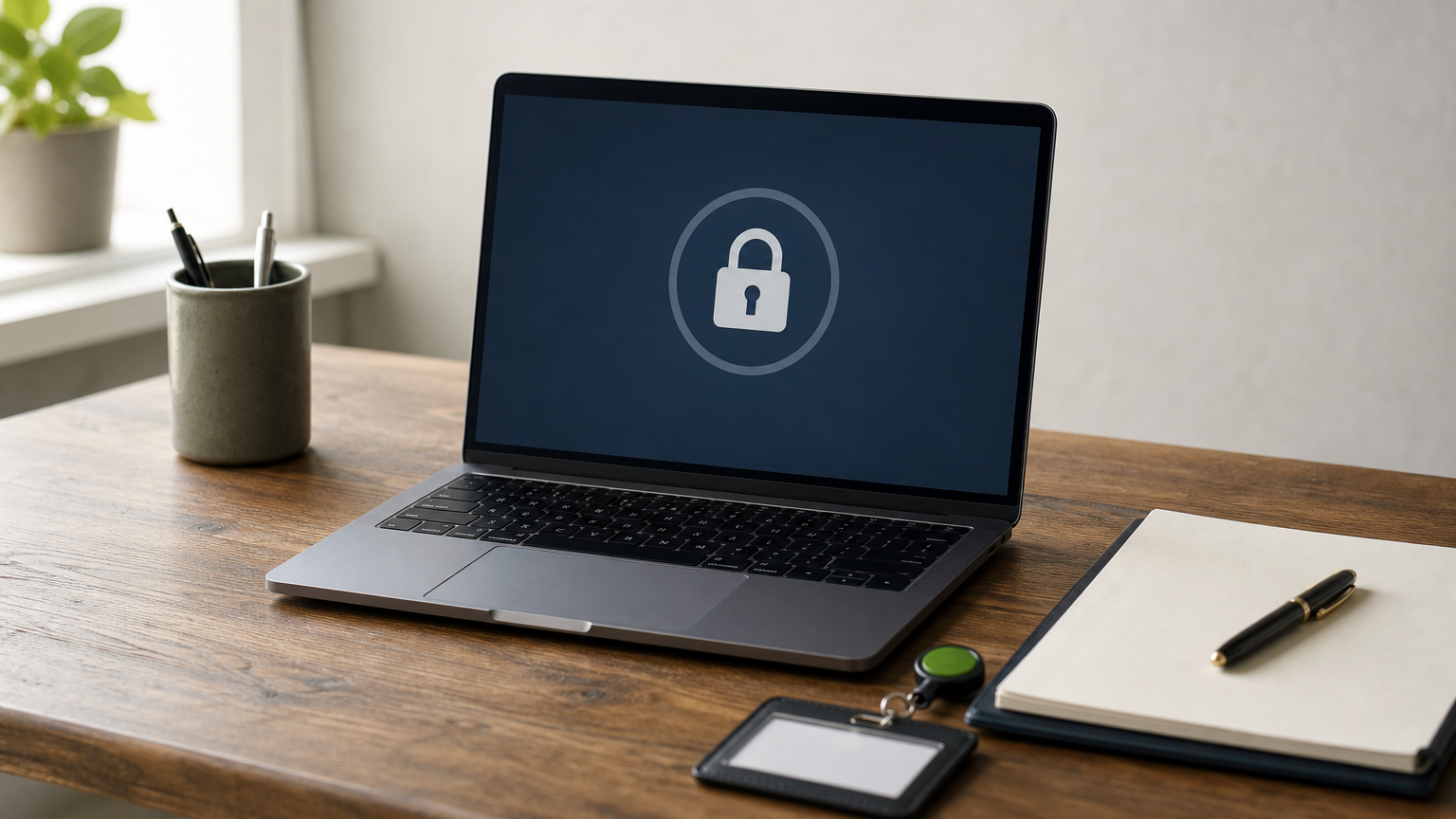 A laptop displaying a VPN lock icon sits beside a signed NDA document and security badge.