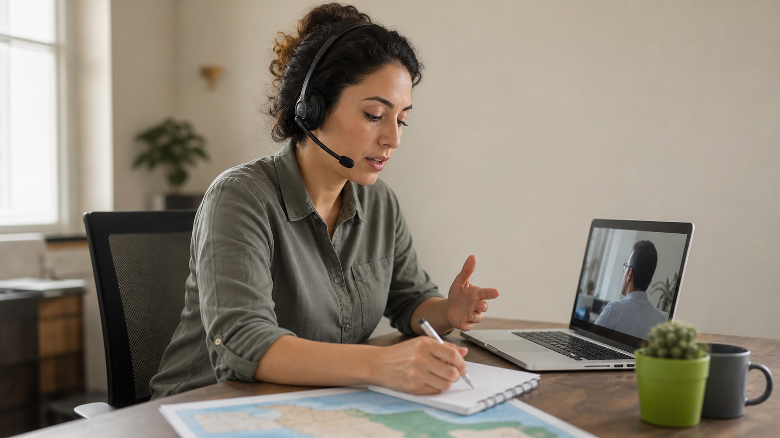 An engineer wearing a headset works at a desk near a small map of the US-Mexico border.