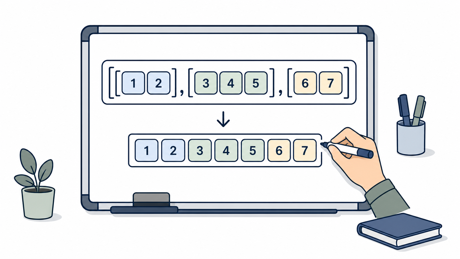 A whiteboard shows a nested array being unpacked into a flat list of numbers.