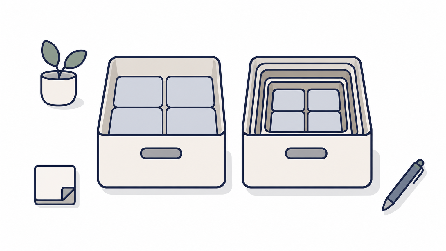 Two boxes side by side, one holding a single layer of items and the other holding nested layers inside.