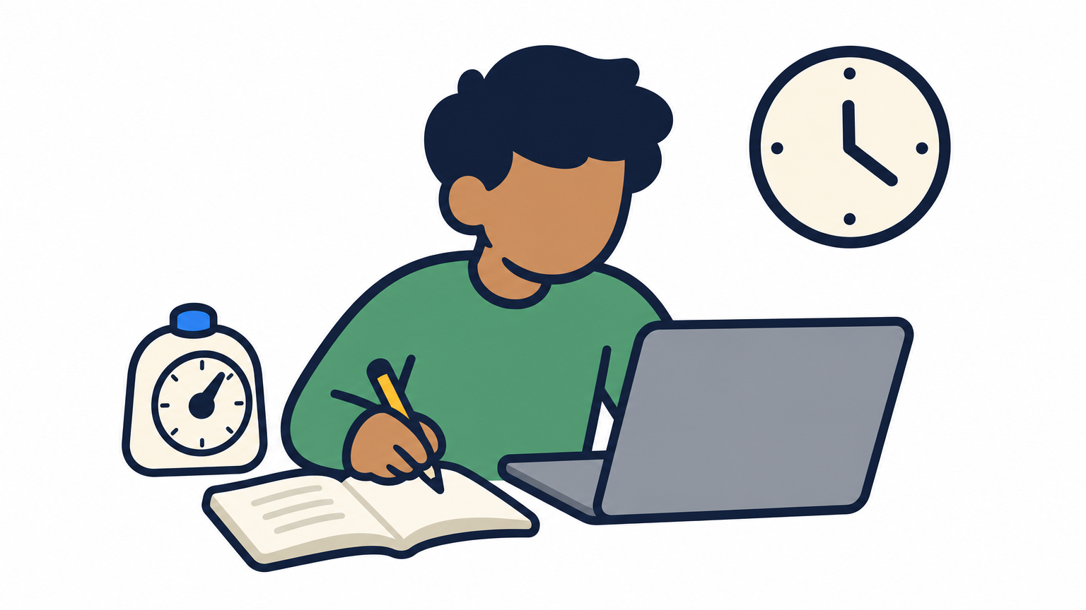 A student studies at a desk with a laptop and visible timer during a practice session.