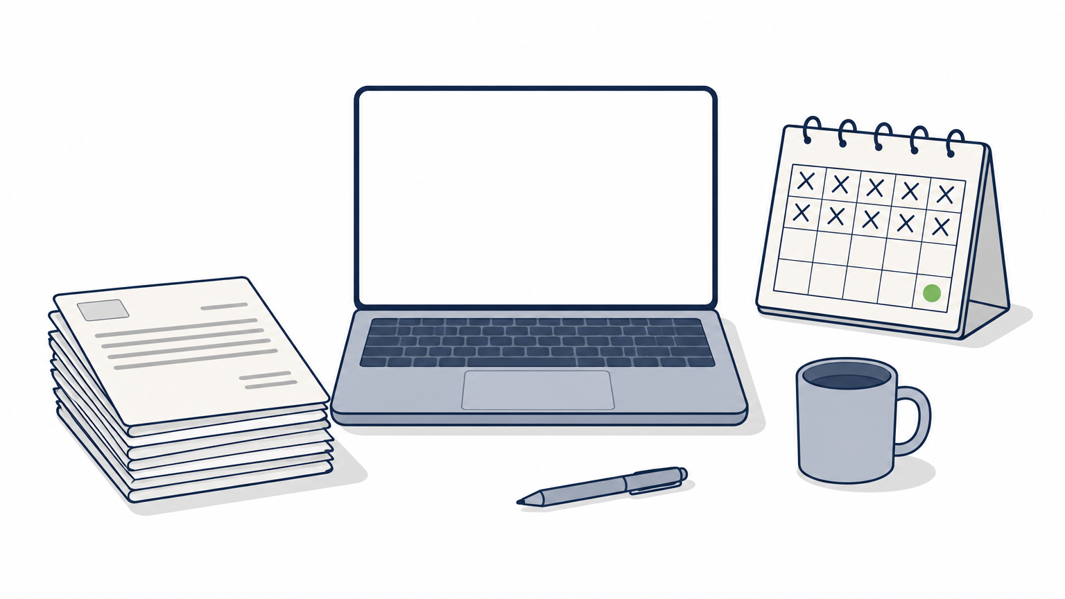 An empty desk with a laptop and a calendar showing weeks crossed off waiting for a hire.