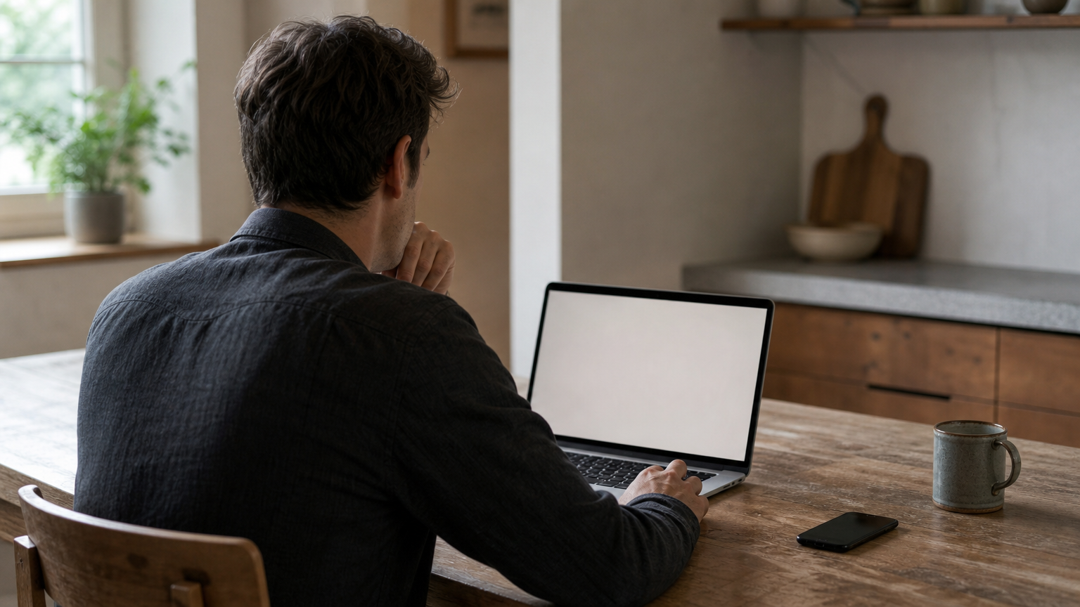 A person compares contractor listings on a laptop at a kitchen table.