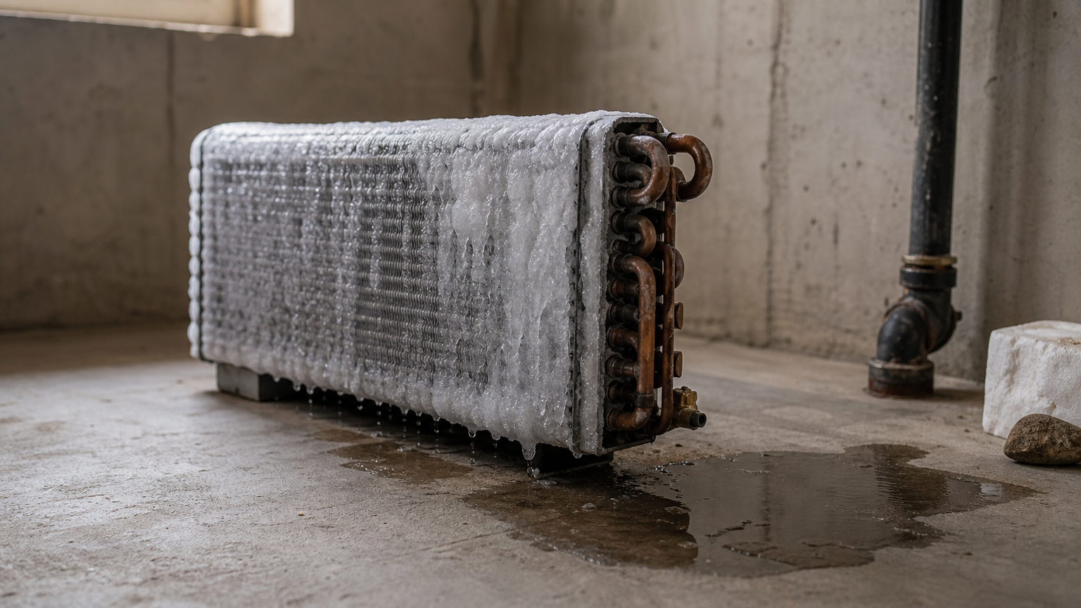 An air conditioner evaporator coil covered in ice with water pooling below it.