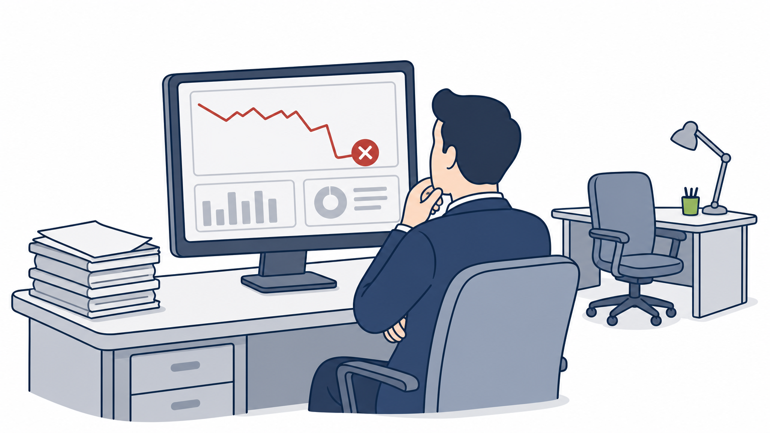 A business owner looks worriedly at a crashed dashboard beside an empty developer desk.