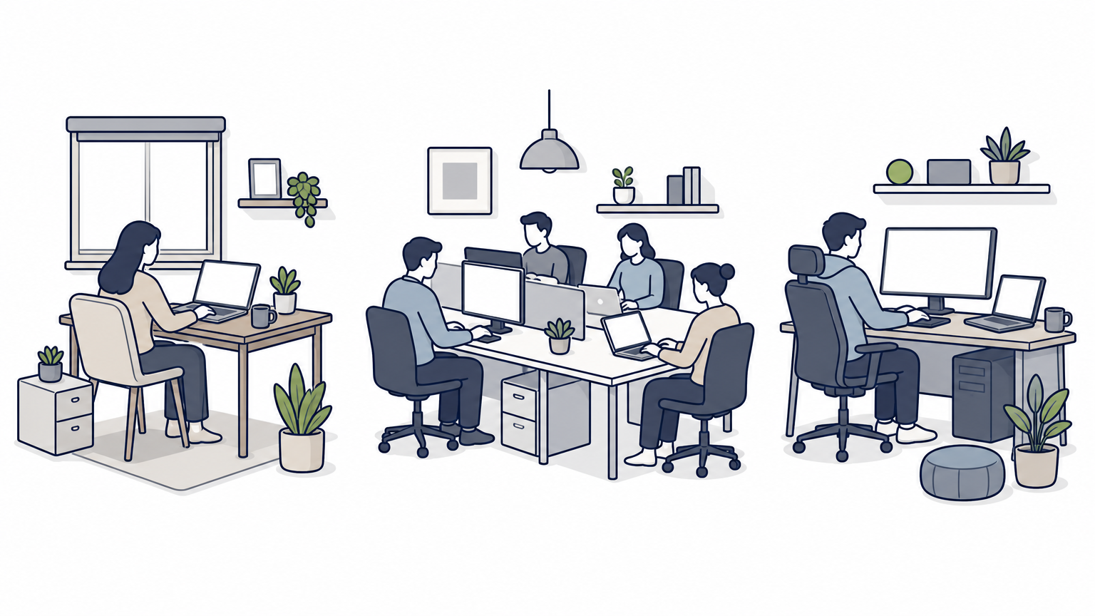 Three different developer workspaces representing freelance, agency, and offshore hiring options.