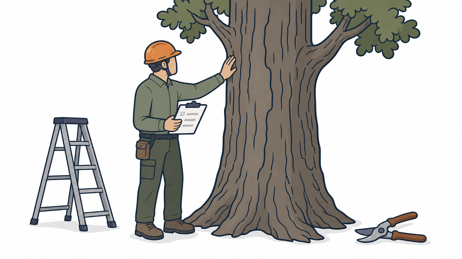 An arborist inspects a large oak tree trunk while holding a clipboard near a ladder.