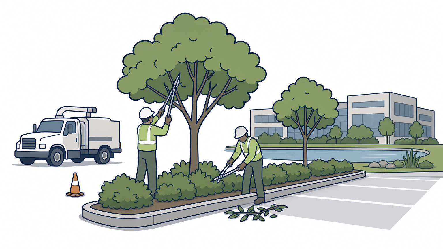 A tree service crew trims trees along a parking lot median beside a retention pond.