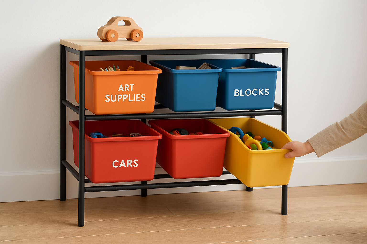 3. Modular frame system with removable toy boxes