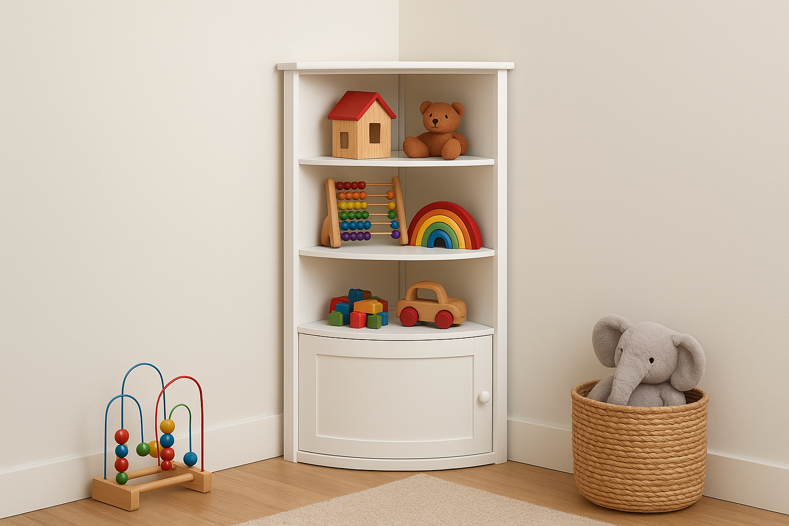 6. Corner toy cabinet with angled display shelves