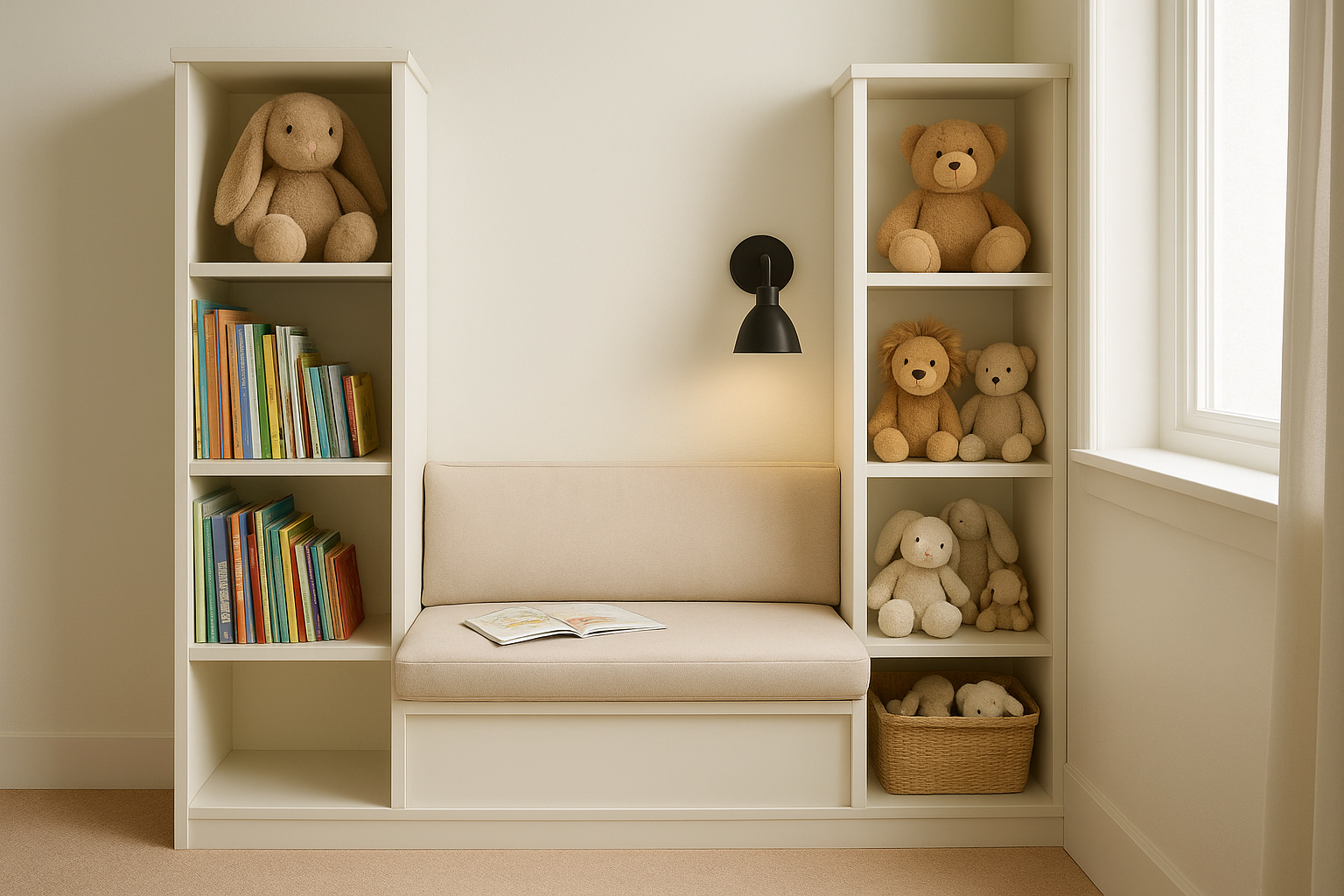 8. Reading nook shelf with toy and plush storage