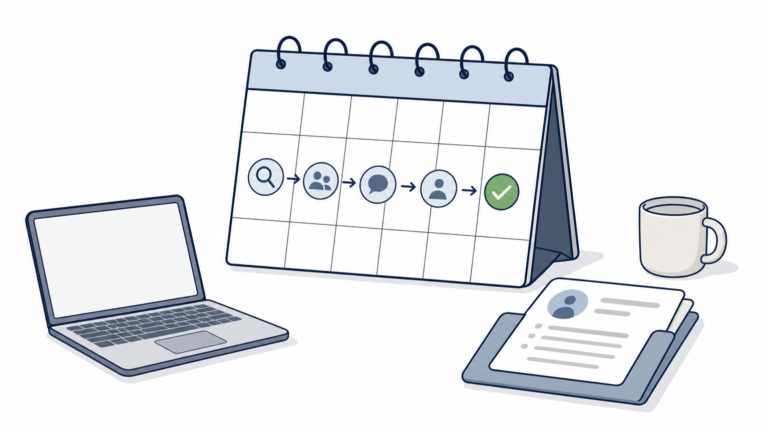 A calendar and resume folder illustrating a fast hiring process.