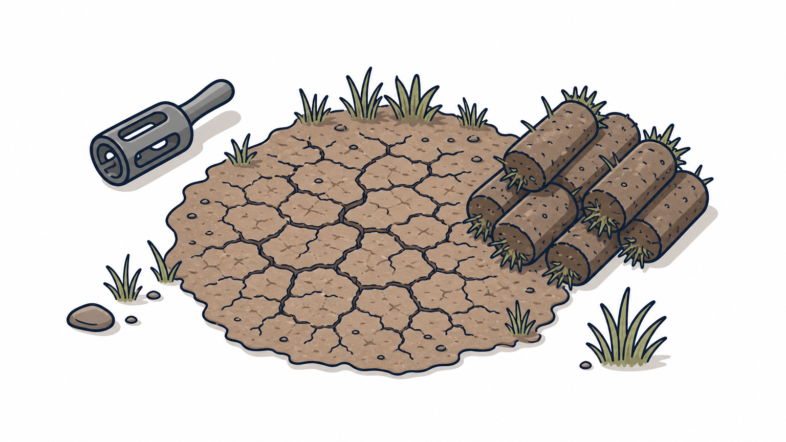 Cracked clay soil beside small soil plugs removed by a lawn aerator.