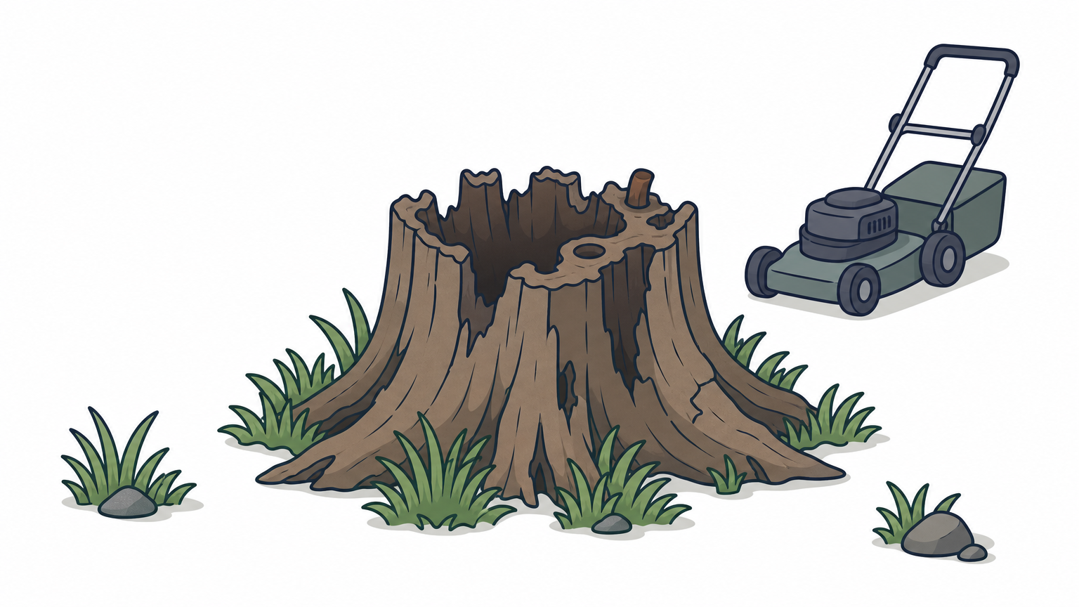 A decaying tree stump hidden by grass sits near a lawnmower in a yard.