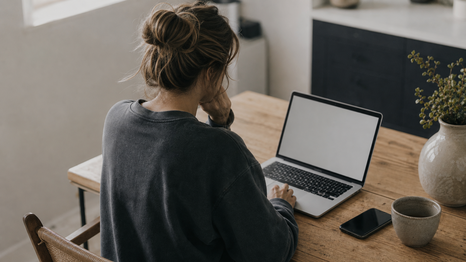 A homeowner at a kitchen table reviewing company ratings on a laptop and phone.