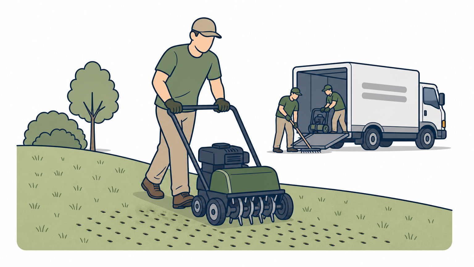 A homeowner using a rented aerator on a sloped lawn near a professional crew's truck.