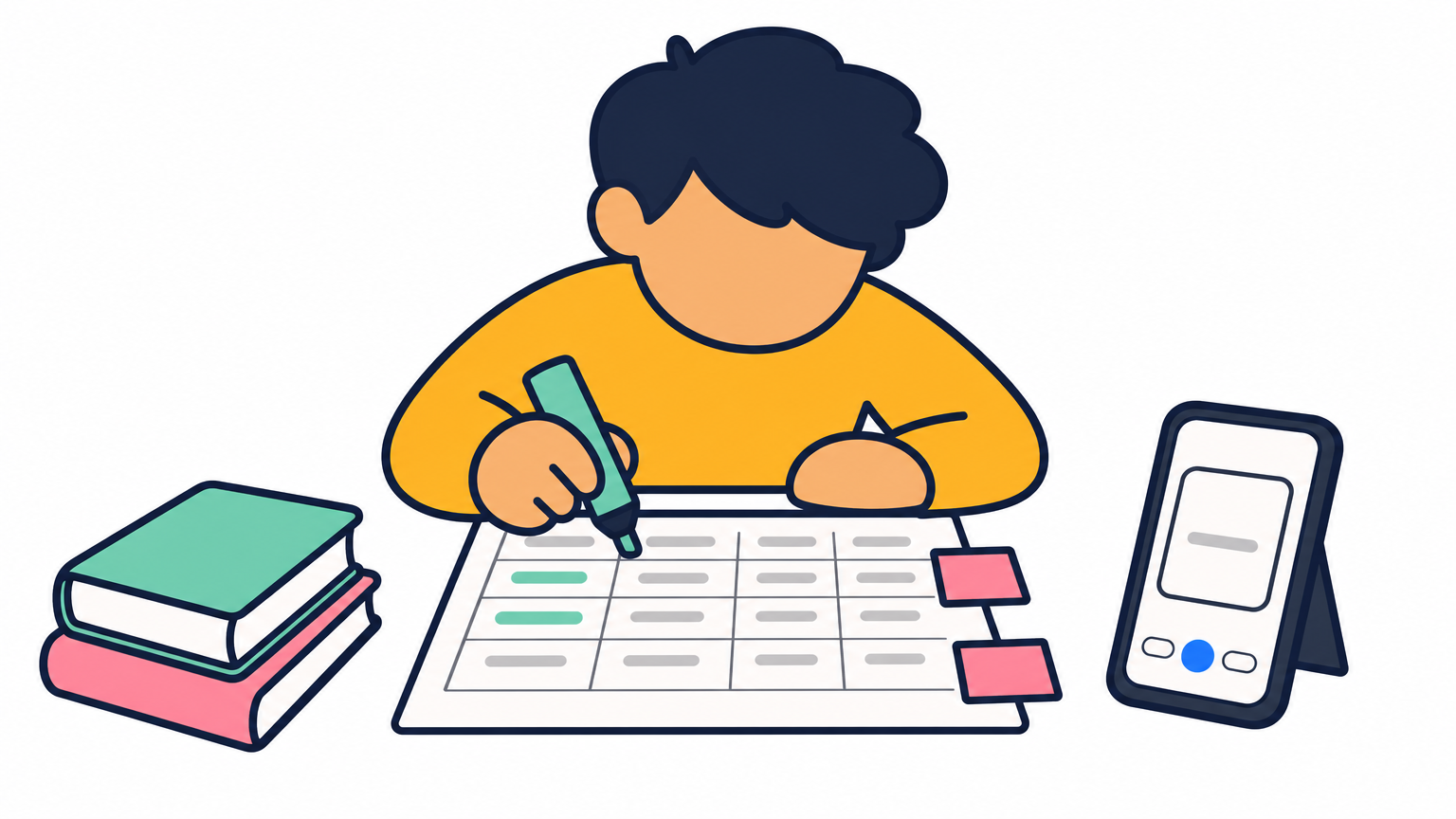 A student reviewing a handwritten score table and highlighted notes to target weak exam sections.