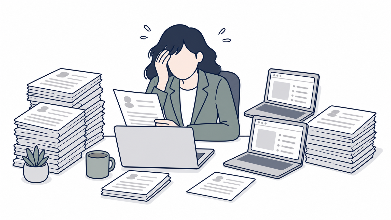 A recruiter sits at a cluttered desk surrounded by paper resumes and open laptop screens.