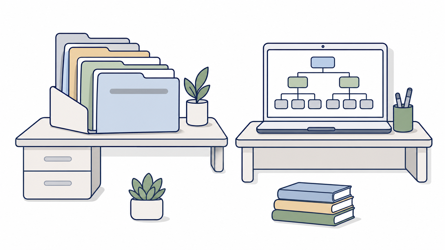 Two side-by-side desks, one with multiple client folders and one with a single company org chart.