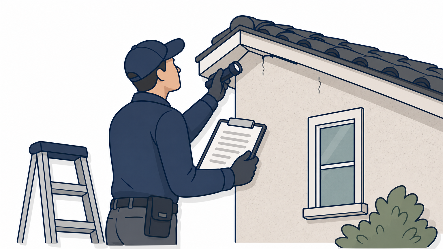 A technician examines a home's roofline and stucco for rat entry points using a flashlight.