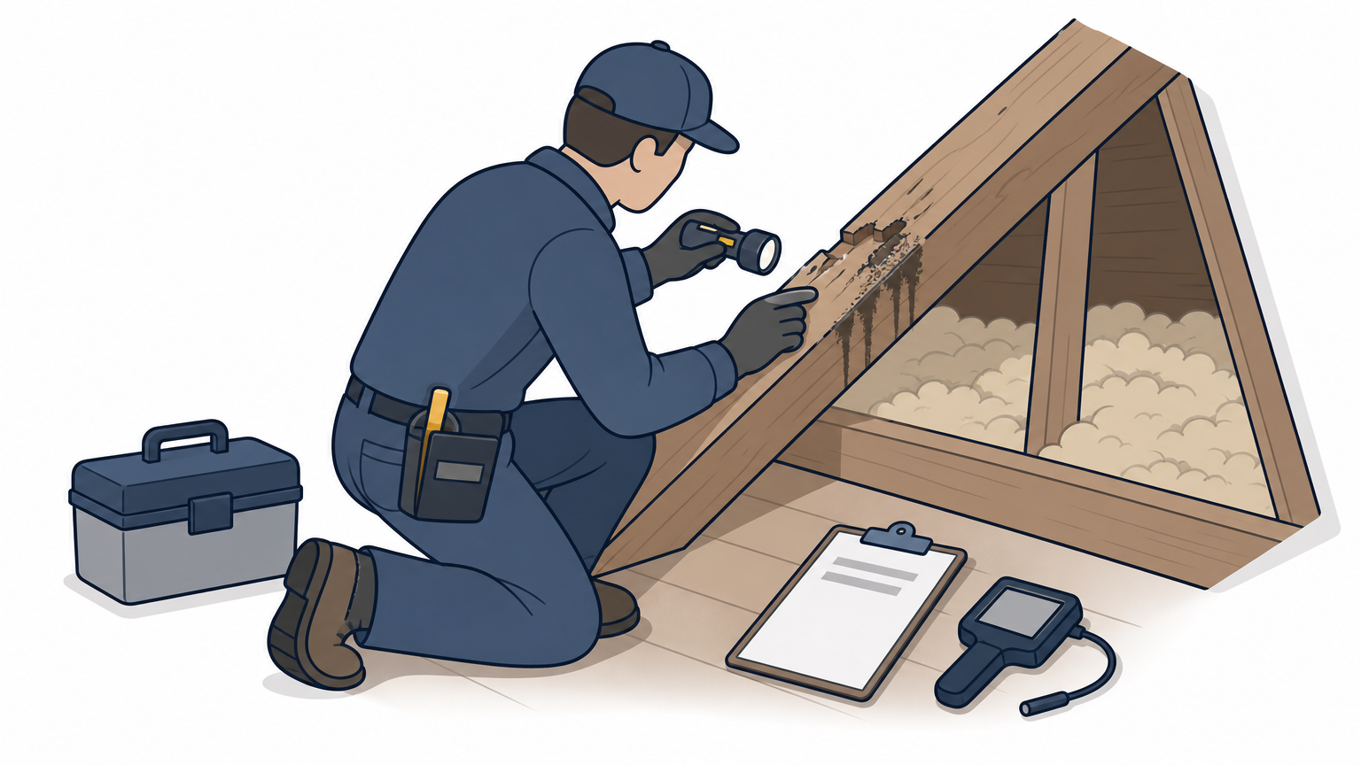 A technician inspects wooden attic beams for gnaw marks and grease trails from rodents.