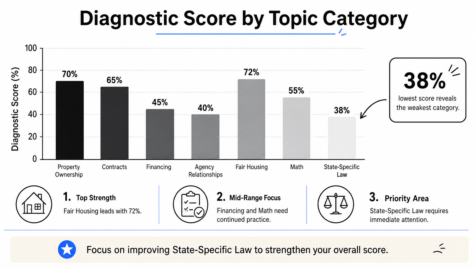 Bar chart showing practice exam scores across seven real estate topic categories with state law lowest.