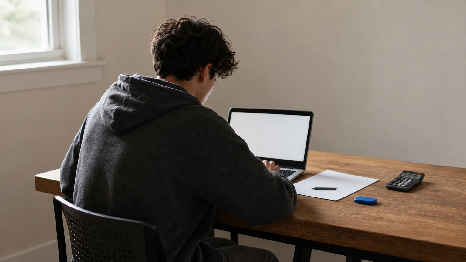 A person at a desk taking a timed practice exam on a laptop with a calculator and scratch paper.