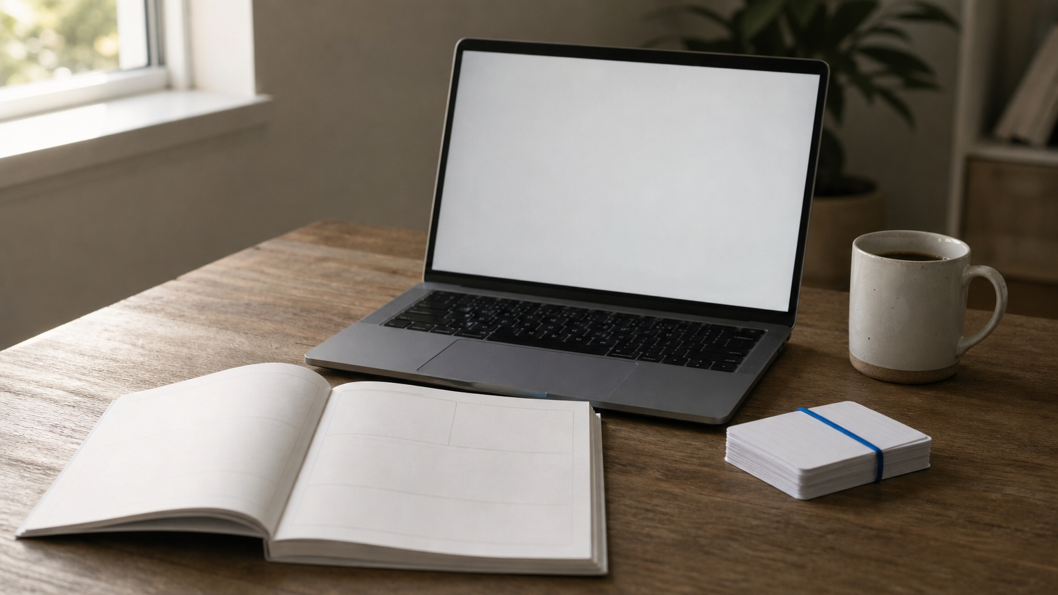 A desk with a laptop, workbook, and flashcards used for PMP exam preparation.