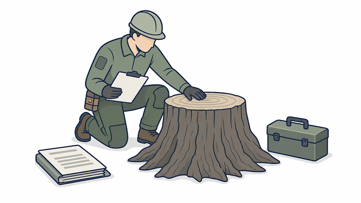 An arborist examines a tree stump in a yard while holding paperwork.