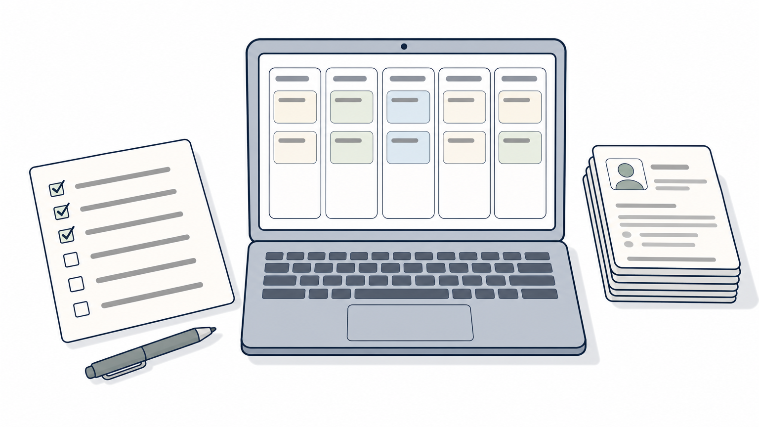 A desk with a printed feature checklist, a laptop showing a candidate pipeline, and a stack of resumes.