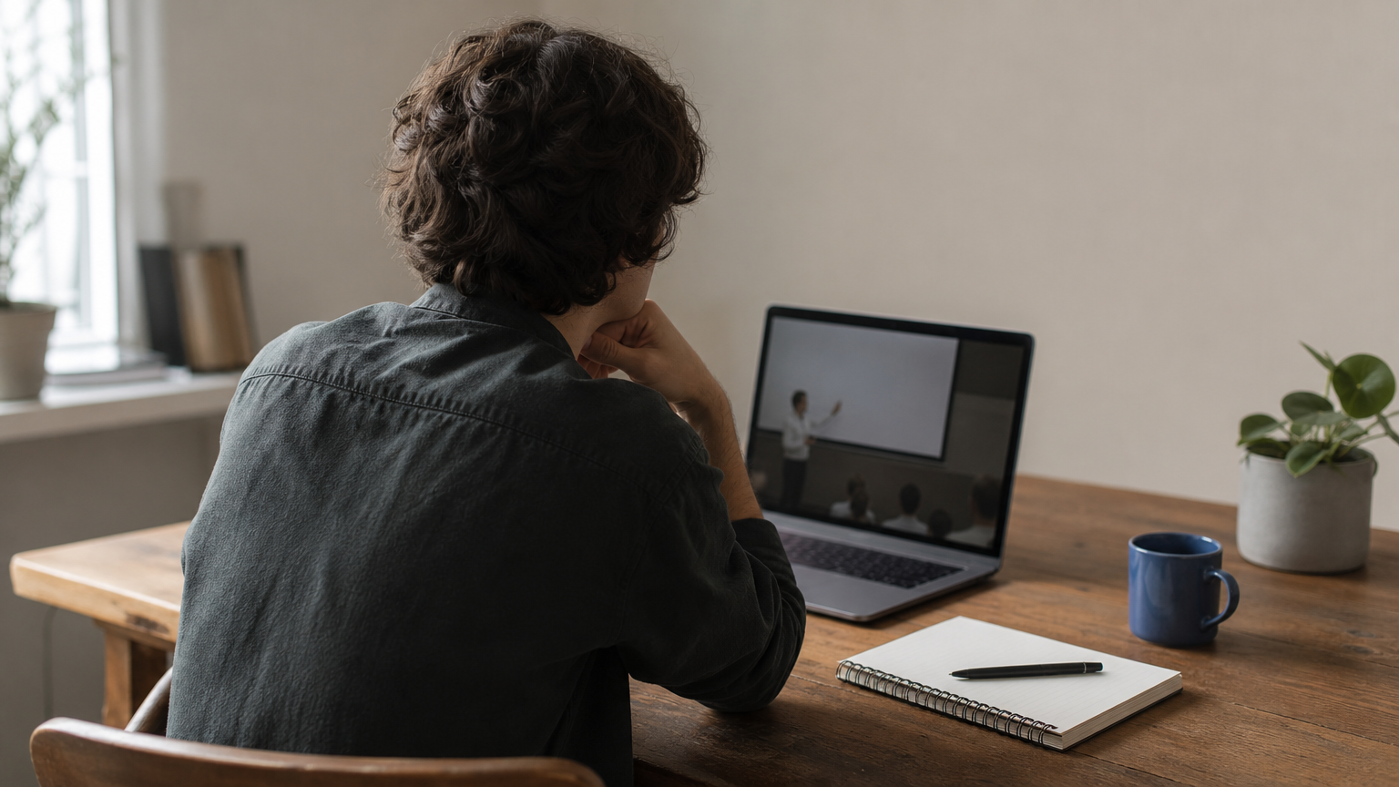 A person studying at a laptop with a notebook while taking an online PMP course.