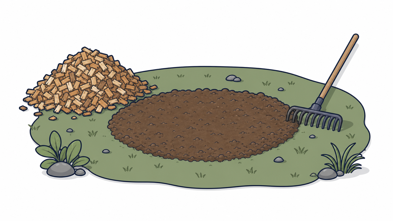 A cleaned-up stump grinding site showing wood chips, a rake, and leveled soil.
