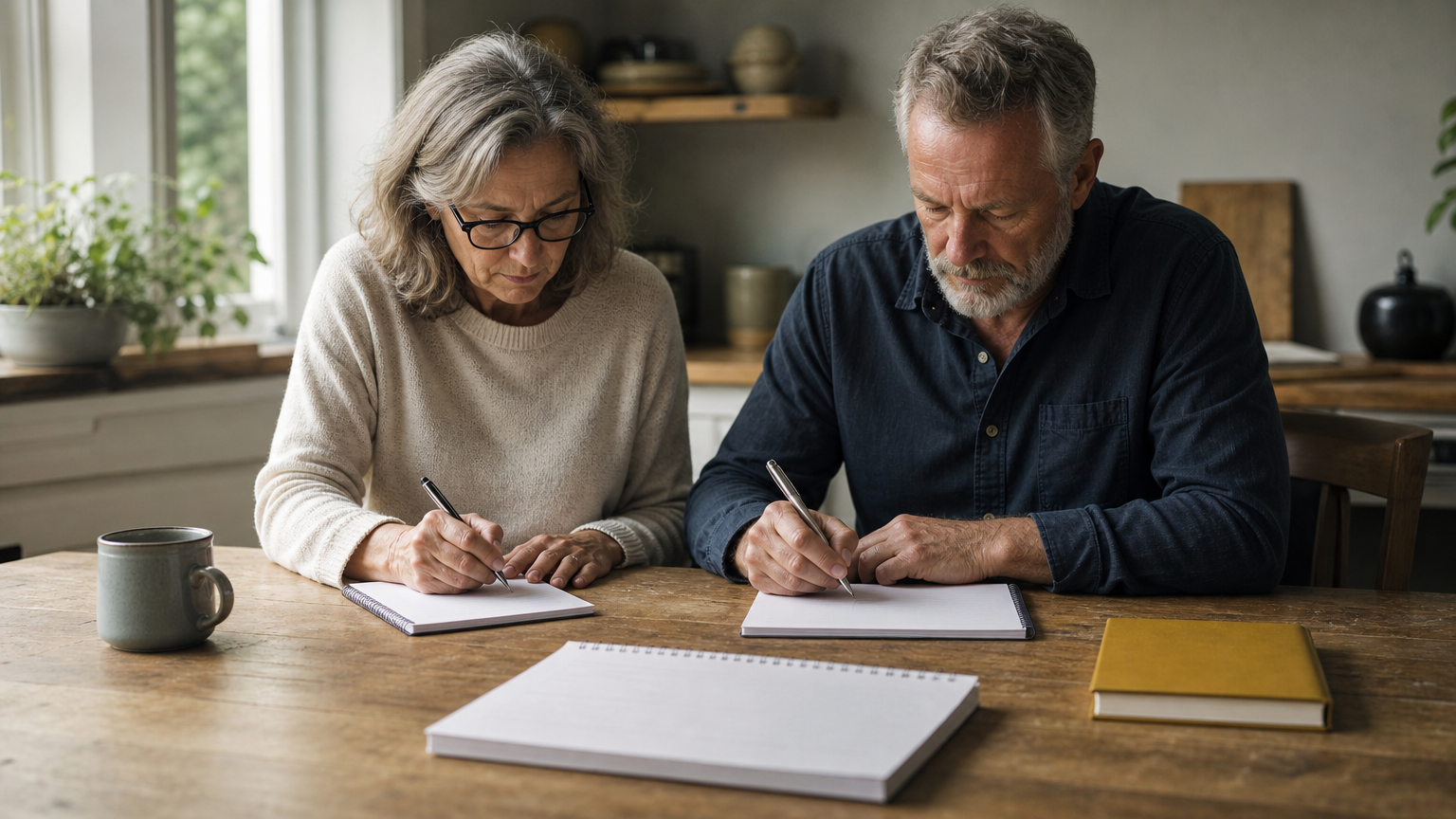 A couple sits at a kitchen table each writing down a different target retirement age.