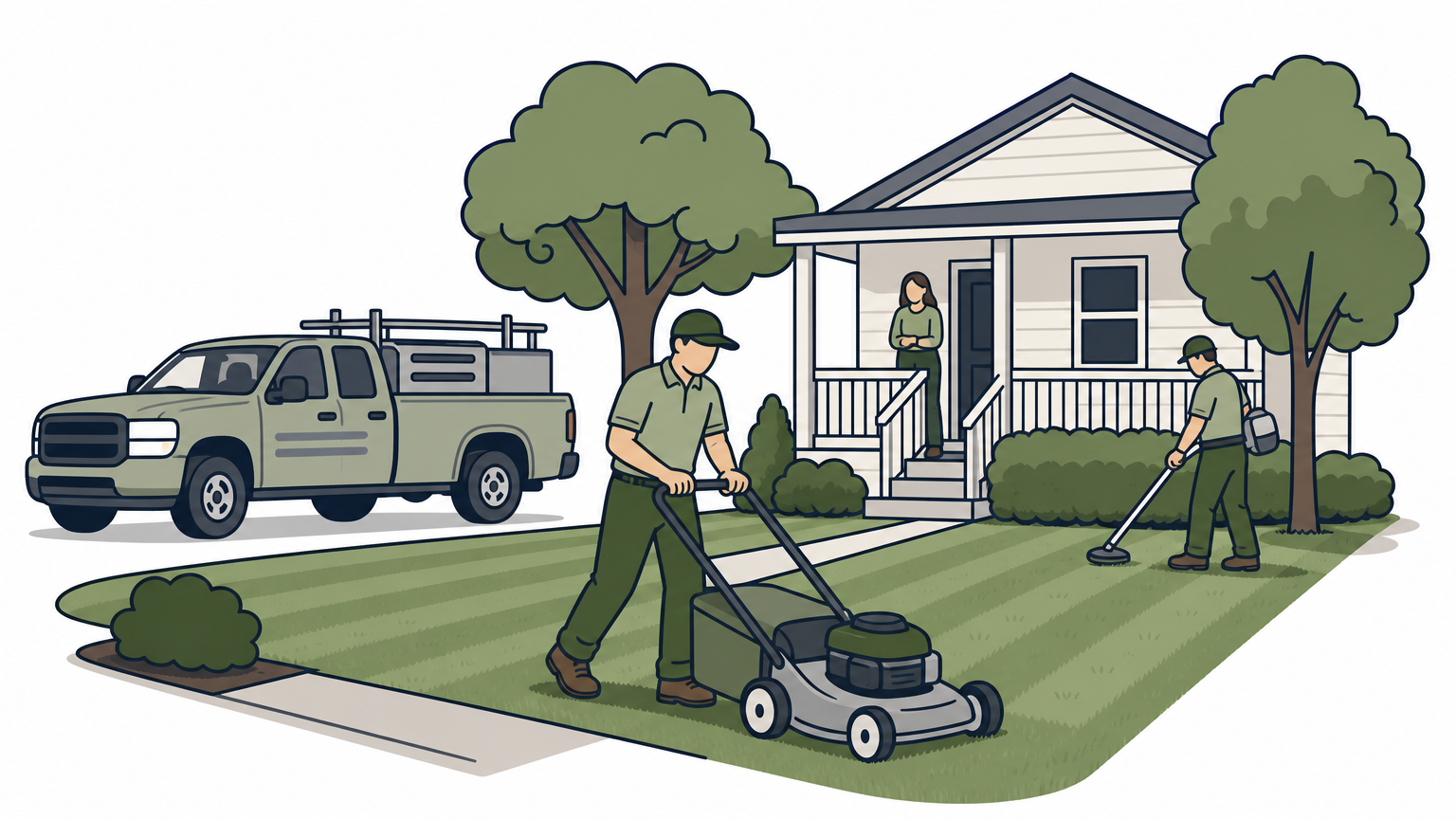 A lawn care crew mows a front yard on a suburban street with their truck parked nearby.