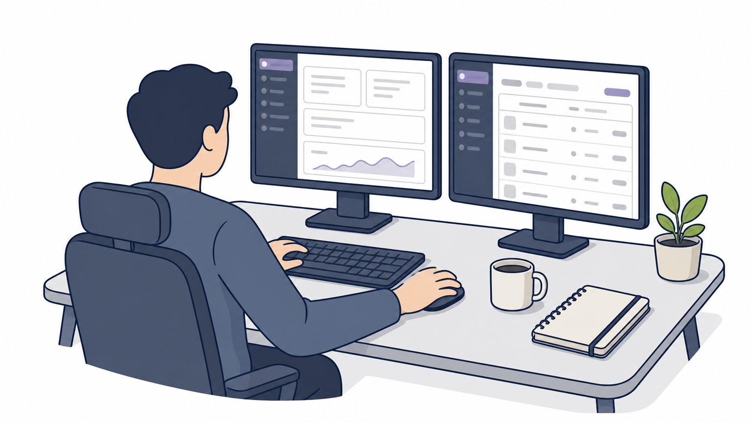 A developer works at a dual-monitor desk displaying a WooCommerce store dashboard.