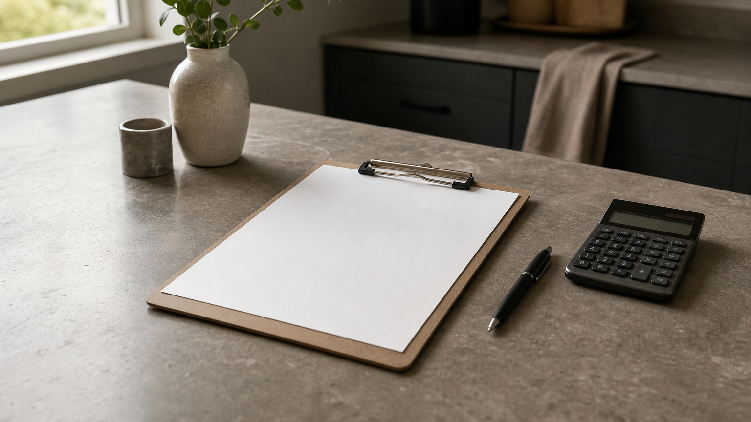 A clipboard holding a written repair estimate sits on a kitchen counter beside a calculator and pen.