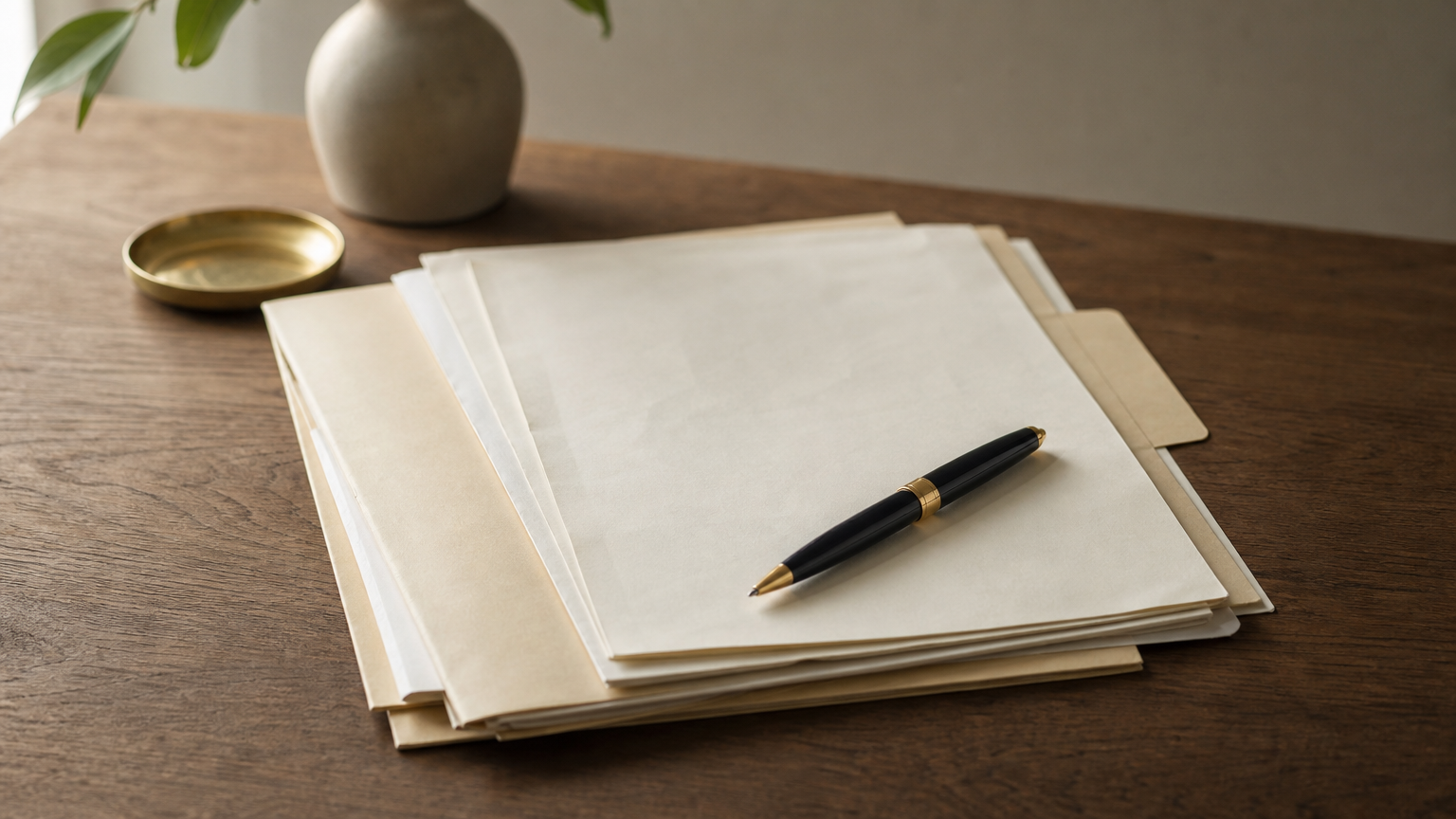 A folder holding a will and power of attorney forms sits open on a table with a pen.
