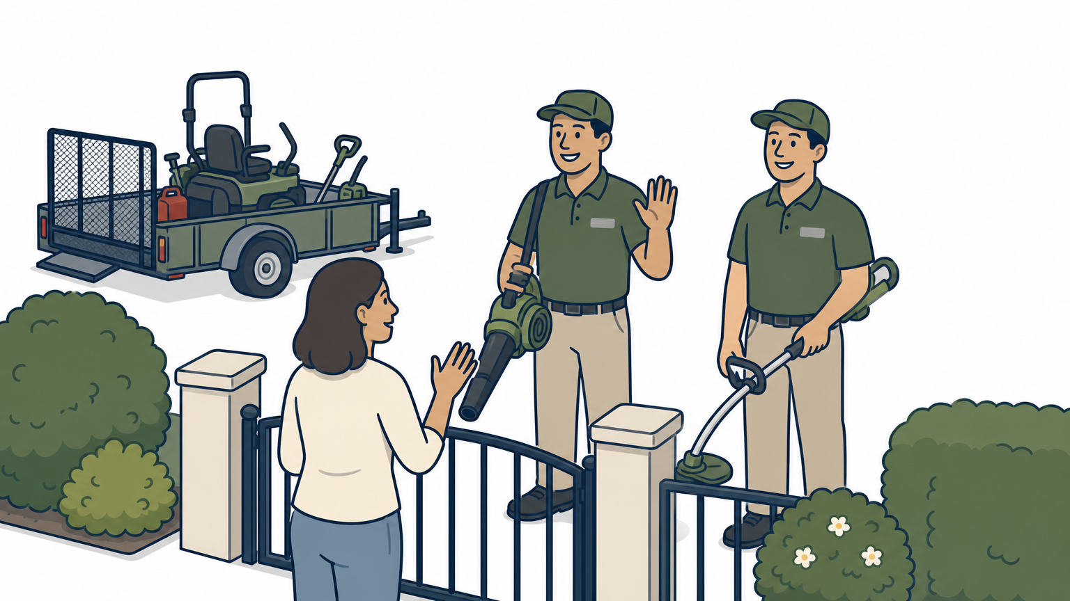 Two lawn care workers greet a homeowner at her front gate with their trailer parked behind them.