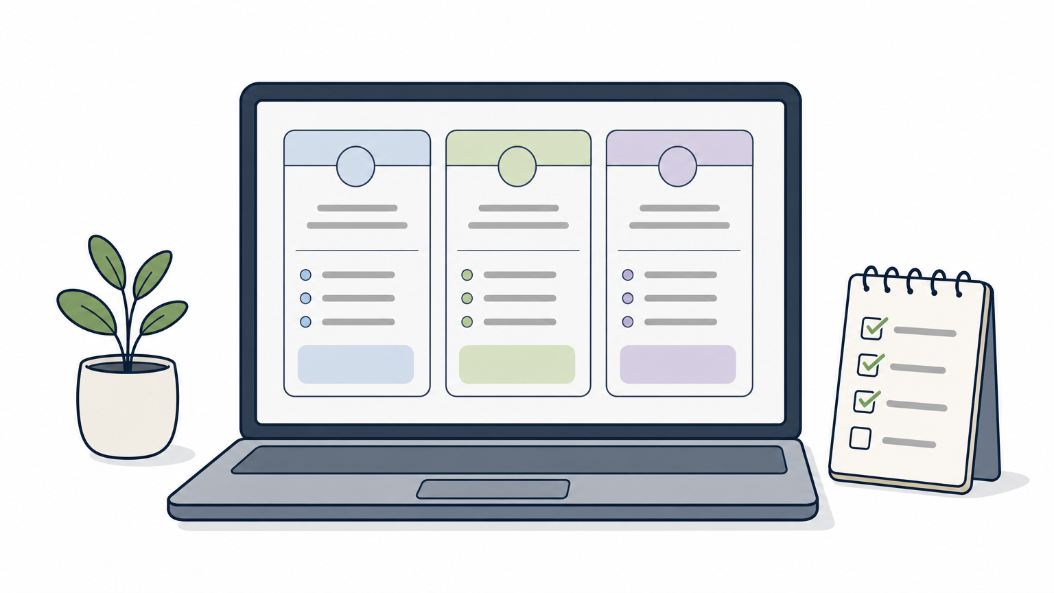 A laptop shows a three-tier pricing package menu for a fixed-price freelance service.