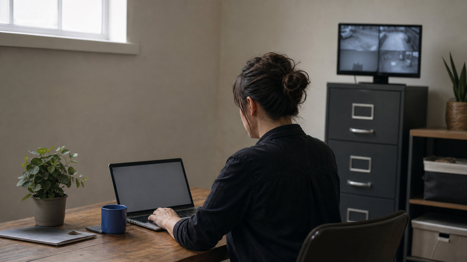 A business owner reviews customer data on a laptop beside a filing cabinet and CCTV monitor.